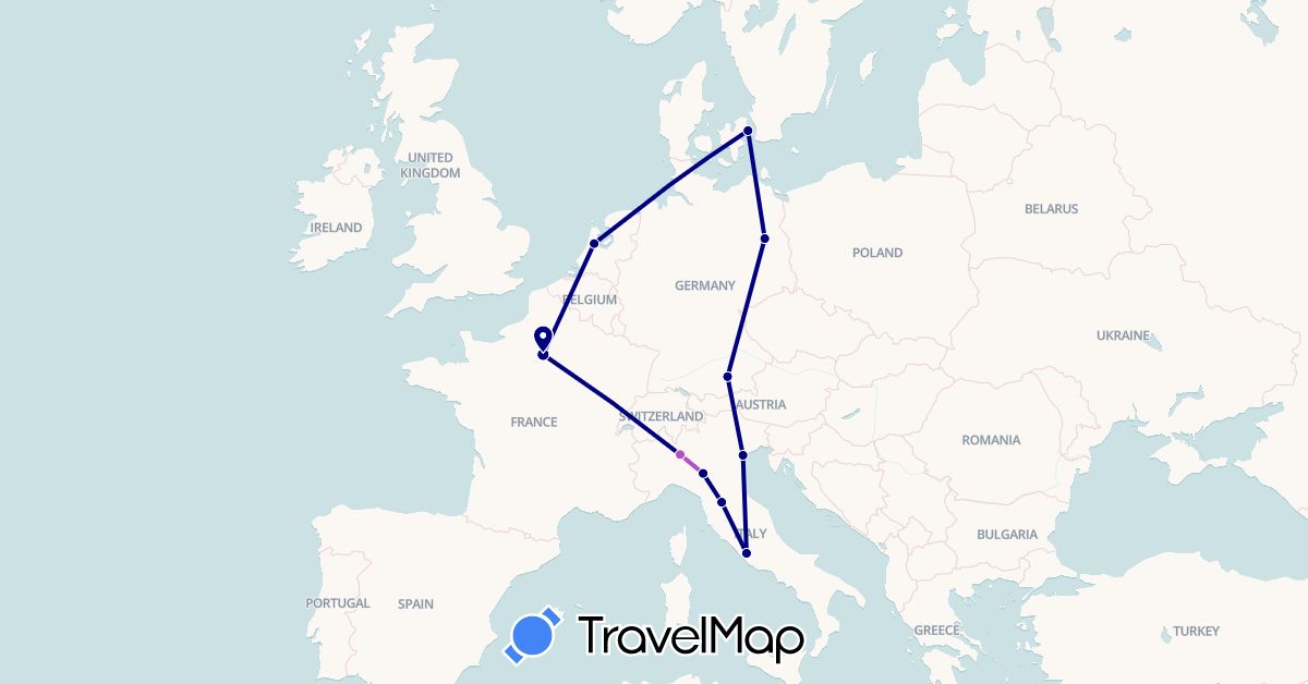 TravelMap itinerary: driving, train in Germany, Denmark, France, Italy, Netherlands (Europe)